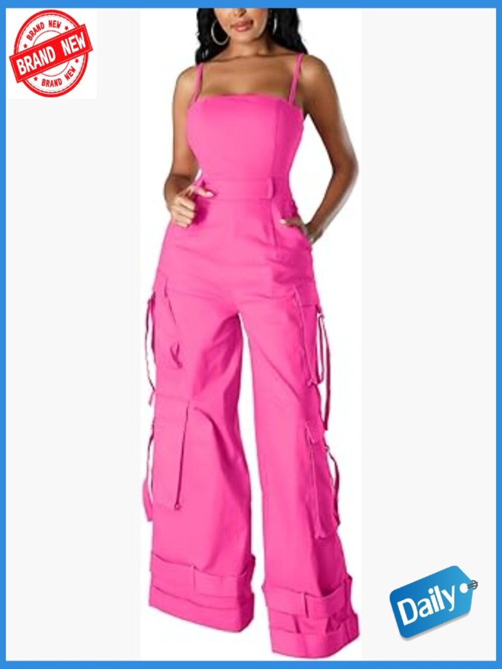 Womens Cargo Jumpsuit Wide Leg Romper Multi Pockets Overalls Spaghetti Strap